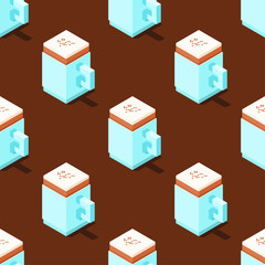 Seamless pattern of stylized cubic cappuccino cups on brown background. Retro design concept, Clipping mask used.