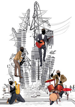 Abstract musical background with city traffic and musicians.