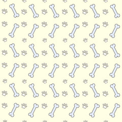 Vector seamless pattern. Blue bones, white traces of animals on a lemon background. Can be used for wrapping paper, web or design of banners. Veterinary backdrop. EPS10.