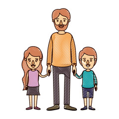 color crayon stripe cartoon full body bearded man taken hand with girl and boy vector illustration