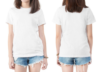 Blank white t shirt on a girl template on white background