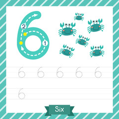 Number six tracing practice worksheet with 6 crabs for kids learning to count and to write. Vector Illustration.