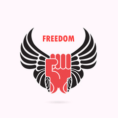 Obraz premium Human hand and wings.Red fist and wing icon.Force icon.Power and freedom concept.Vector illustration