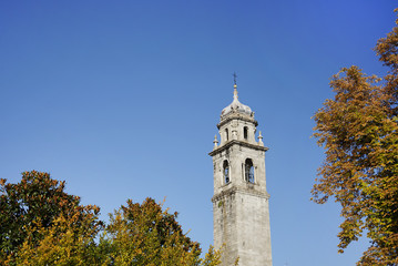 Old stone tower church, city of Verbania, Lago Maggiore, Italy, Europe.
