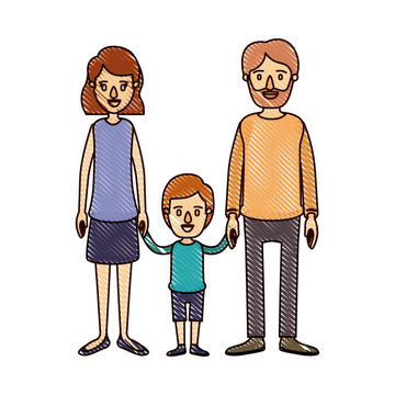 color crayon stripe cartoon family with father bearded and mom with short hair with little boy taken hands vector illustration