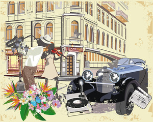 Series of vintage posters decorated with musicians and old street cafes views. Hand drawn Vector Illustration. Retro car.
