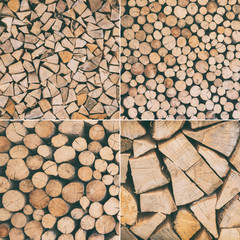 Fire wood natural background texture, chopped firewood vintage collection of four square images for Your design
