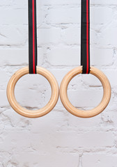 Gymnastic rings on the background of a brick wall