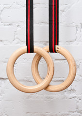 Gymnastic rings on the background of a brick wall