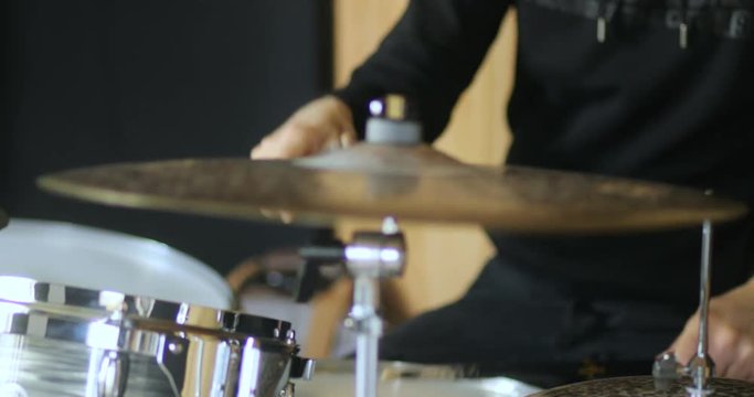 Closeup drummer artist jazz sound playing drum music equipment percussion drumstick, snare, 4k