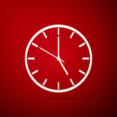 Clock flat icon on red background. Vector Illustration