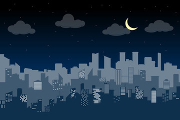 Random blue city skyline Vector on light background. At night.