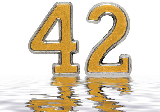 Numeral 42, forty two, reflected on the water surface, isolated on white, 3d render