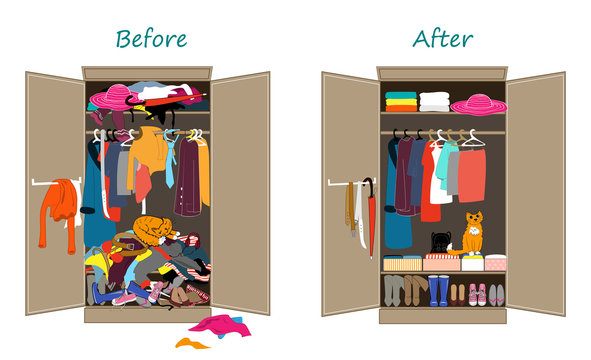 Before untidy and after tidy wardrobe. Messy clothes thrown on a shelf and nicely arranged clothes in piles and boxes.