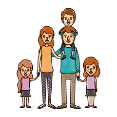 color crayon stripe cartoon big family parents with boy on his back and daugthers taken hands vector illustration