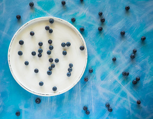 Blaubeeren auf weißem Teller und hellem Untergrund aus der Vogelperspektive fotografiert