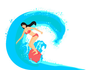 Vector illustration of surfer girl on surfboard isolated on white background