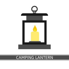 Camping lantern vector icon with glowing candle, isolated on white background, in flat style