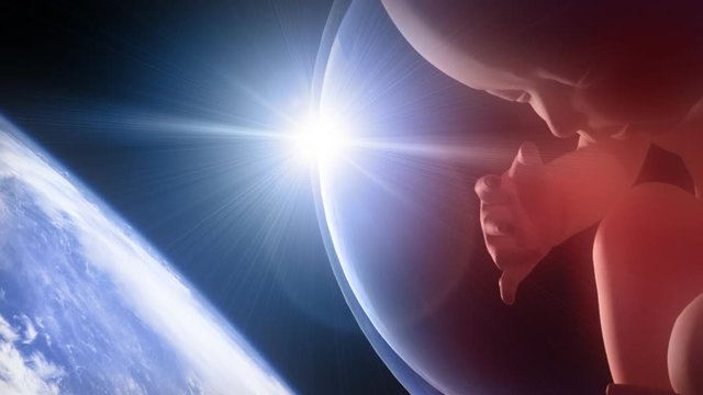 Human fetus flying in space over earth surface.