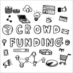 Hand draw business doodles crowdfunding on white background.Concept for business idea,startup and financial. Doodle art collection