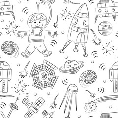 Obraz premium Seamless Pattern of Hand Drawn Doodle Spaceman, Spaceships, Rockets, Falling Stars, Planets and Comets. Sketch Style. Vector Illustration.