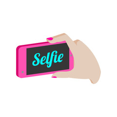 Taking selfie photo on smartphone symbol. Flat Isometric Icon or Logo. 3D Style Pictogram for Web Design, UI, Mobile App, Infographic.