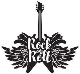 vector illustration with an electric guitar, wings and feathers with inscription rock and roll