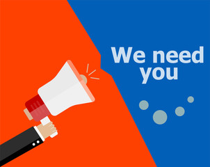 flat design business concept. We need you. Digital marketing business man holding megaphone for website and promotion banners.