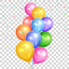 Bunch of colorful helium balloons isolated on transparent background. Party decorations for birthday, anniversary, celebration. Vector illustration. - 152371274
