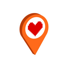 Map Pointer with Heart symbol. Flat Isometric Icon or Logo. 3D Style Pictogram for Web Design, UI, Mobile App, Infographic.