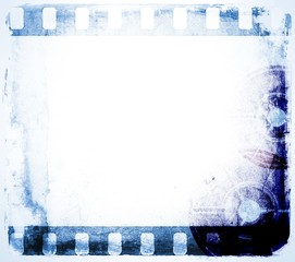 Grunge blue film strip frame.