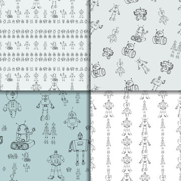 Robot doodles pattern set.