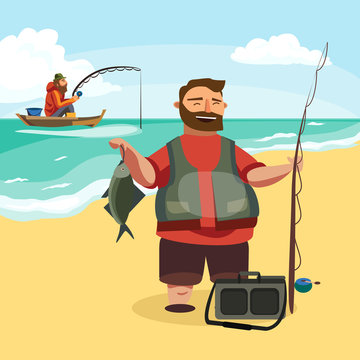 Happy fisherman stands and holds in hand fishing rod with spinning and fish catch, bag with fishman spin and equipment, funny cartoon vector illustration, Man active vacation banner or Flyer concept