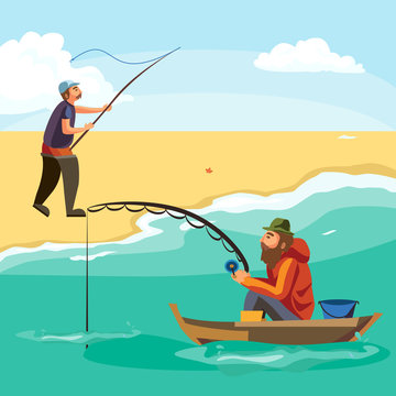 Flat fisherman hat sits on boat with trolling fishing rod in hand and catches bucket, Fishman crocheted spin into the sea waiting big fish funny vector illustration, Man active banner concept.