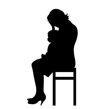 recommend clip art: Vector silhouette of woman with baby on white background.