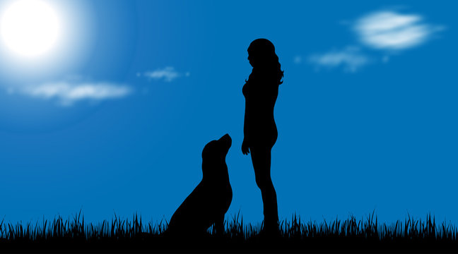 Vector silhouette of woman with dog in nature.