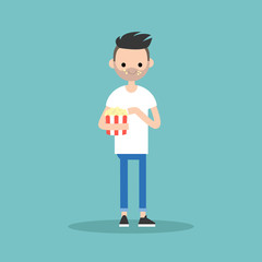 young bearded man chewing popcorn / full length character. flat vector cartoon.