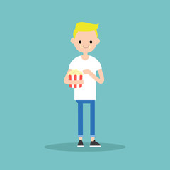young blond boy chewing popcorn / full length character. flat vector cartoon.