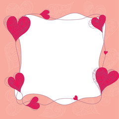 Abstract frame for valentine's day from red and openwork hearts on a pink background
