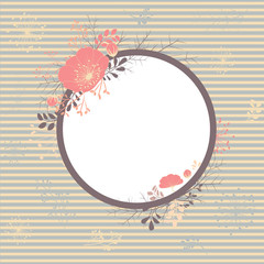 Round frame of pink flowers and leaves on a blue striped background