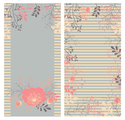 Pink flowers and leaves on a blue striped background