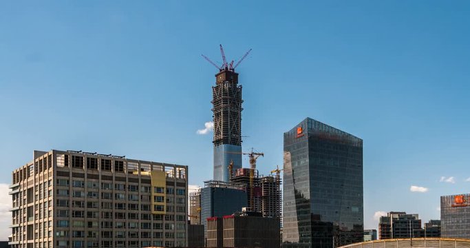 China Zun, is a supertall skyscraper under construction in the Central Business District of Beijing. One of many construction sites in Beijing. 4k Timelapse