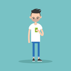 Conceptual illustration: young bearded man hypnotized by his smartphone's screen / flat editable vector illustration