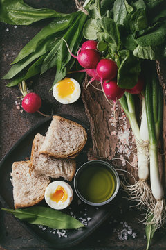 Rustic lunch breakfast with fresh young vegetables radish, spring onion, garlic leaves, soft boiled egg, salt, olive oil and bread on wooden bark over dark texture metal background. Top view.