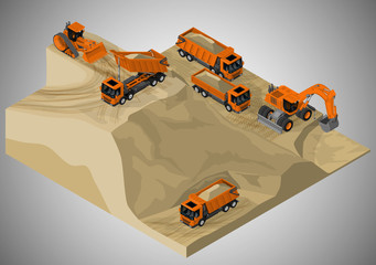 Vector isometric illustration of sand quarry and machinery technician involved in the extraction of sand. Equipment for high-mining industry.
