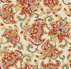 Vintage floral seamless pattern. Ethnic ornament. Stylized decorative flowers in folk style. Traditional handcraft. Seamless texture in bright colors. Vector illustration.