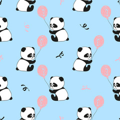 Seamless pattern with cute panda bears and balloons. Vector kids background.