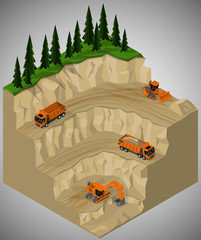 Vector isometric illustration of illustration sand quarry development and involving machinery. Equipment  for high-mining industry.