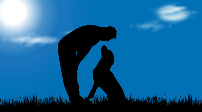 Vector Silhouette Of Man With Dog In Nature.