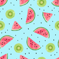 Seamless pattern with watercolor kiwi fruit and watermelon slices. Summer vector background.